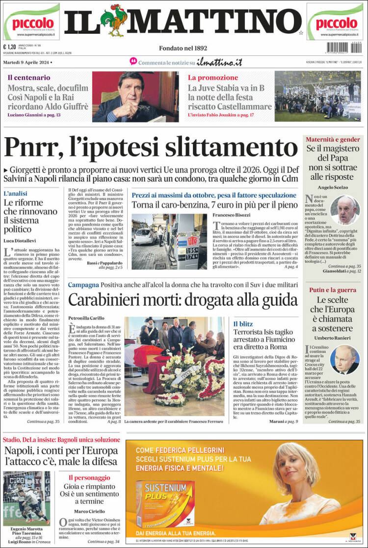 Portada de Il Mattino (Italia)