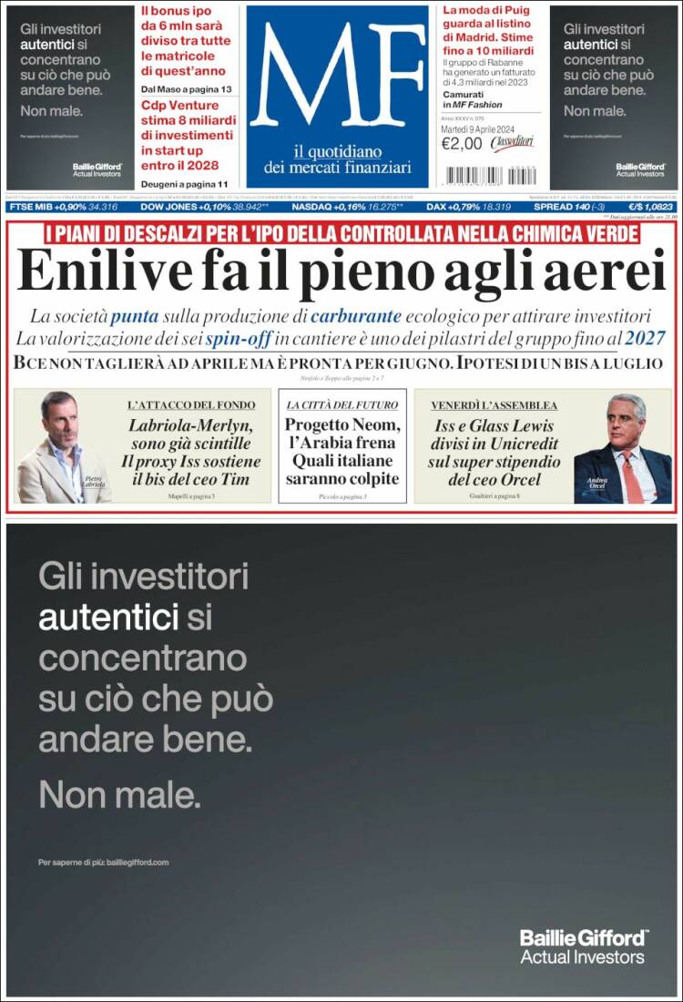 Portada de Milano Finanza (Italia)