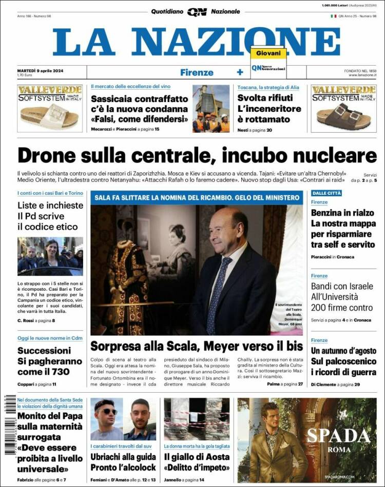 Portada de La Nazione (Italia)