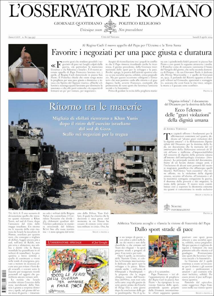 Portada de L'Osservatore Romano (Italia)
