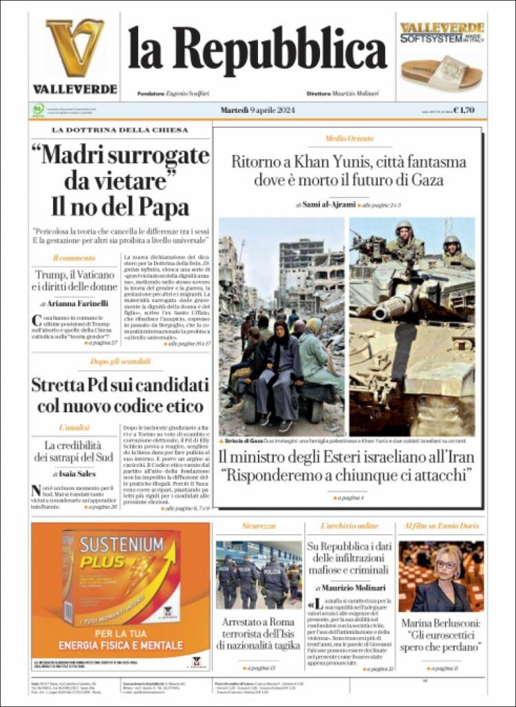 Portada de La Repubblica (Italia)
