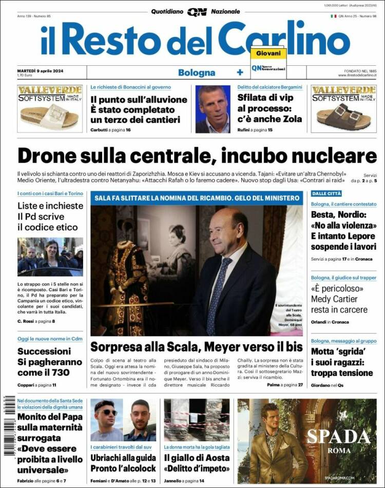 Portada de Il Resto del Carlino (Italia)