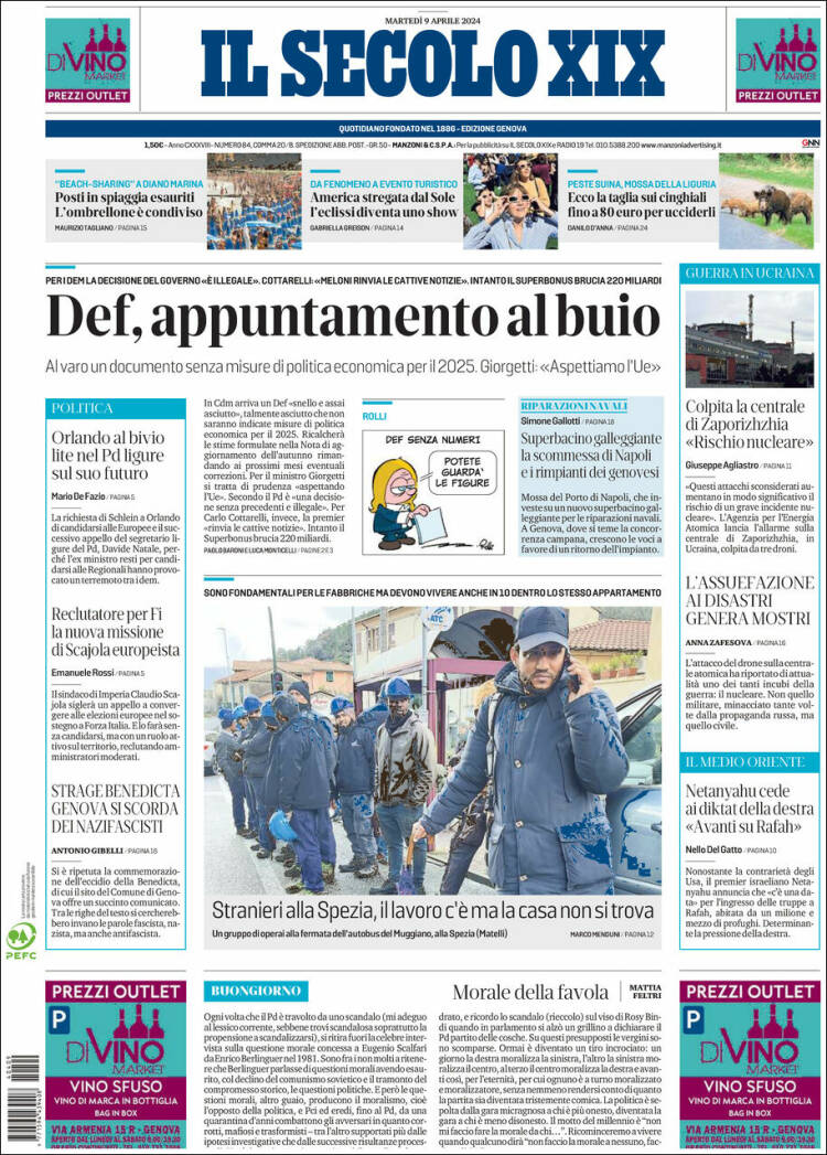 Portada de Il Secolo XIX (Italia)