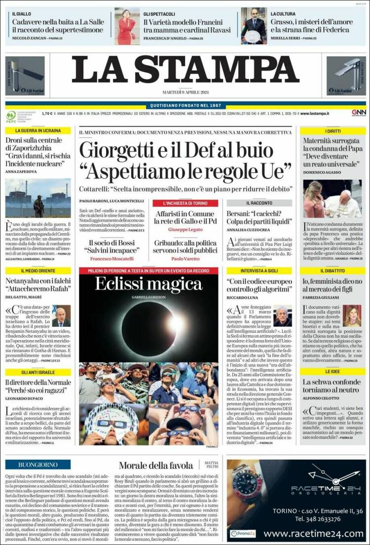 Portada de La Stampa (Italia)