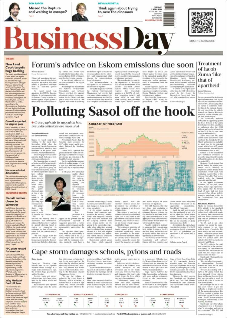 Portada de Business Day (Sud&aacute;frica)