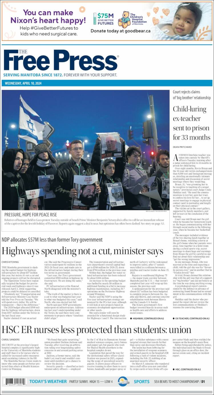 Portada de Winnipeg Free Press (Canadá)