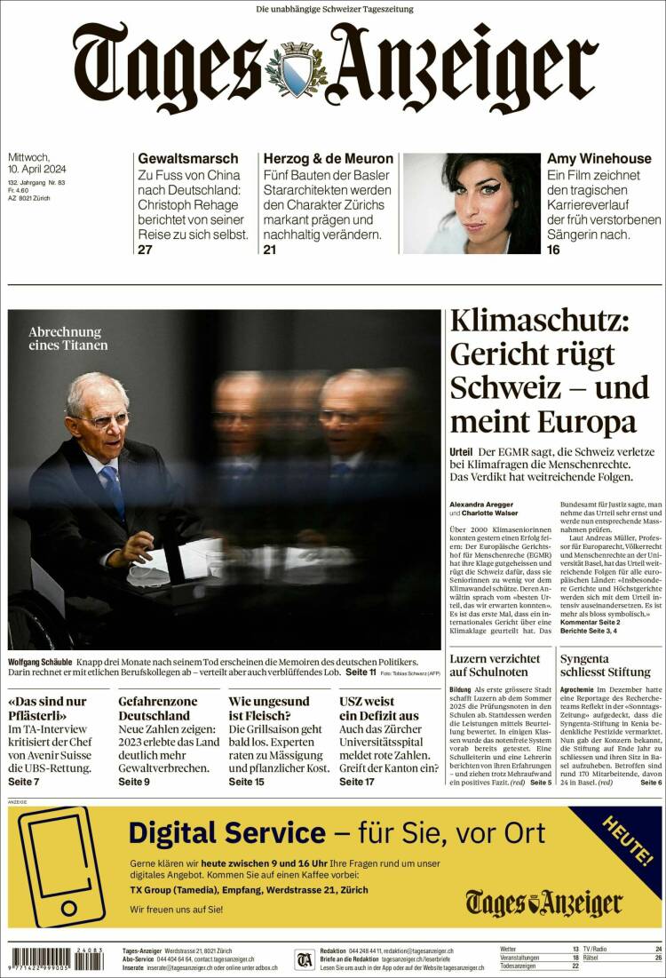 Portada de Tages-Anzeiger (Suiza)