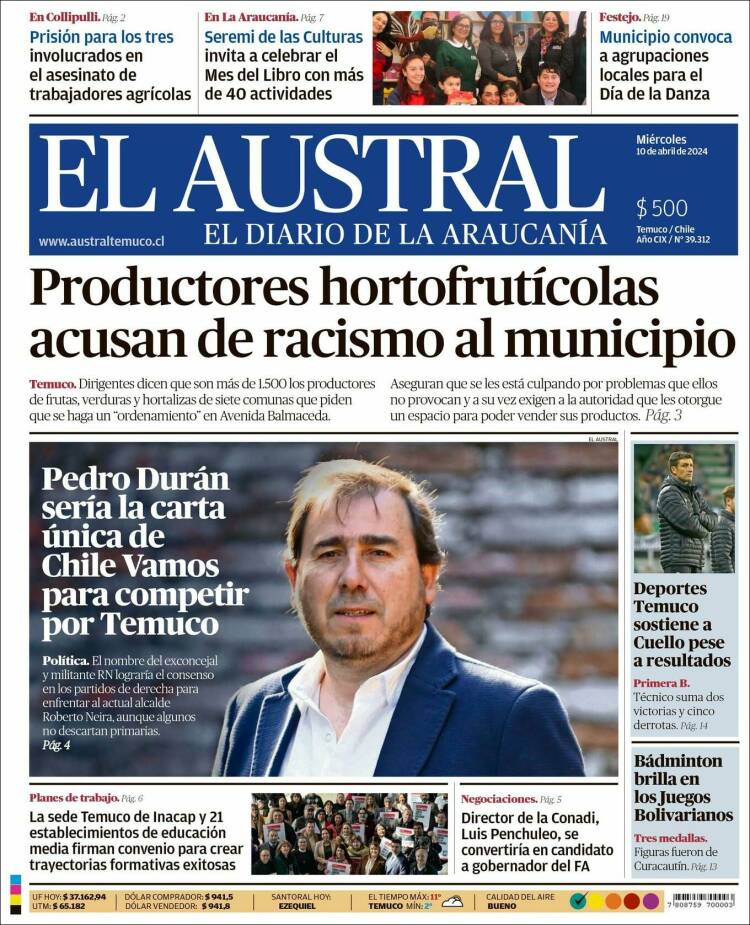 Portada de El Austral de Temuco (Chile)