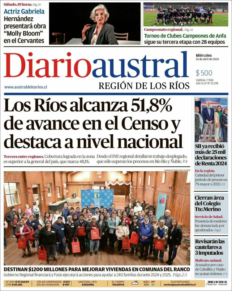 Portada de El Diario Austral de Valdivia (Chile)