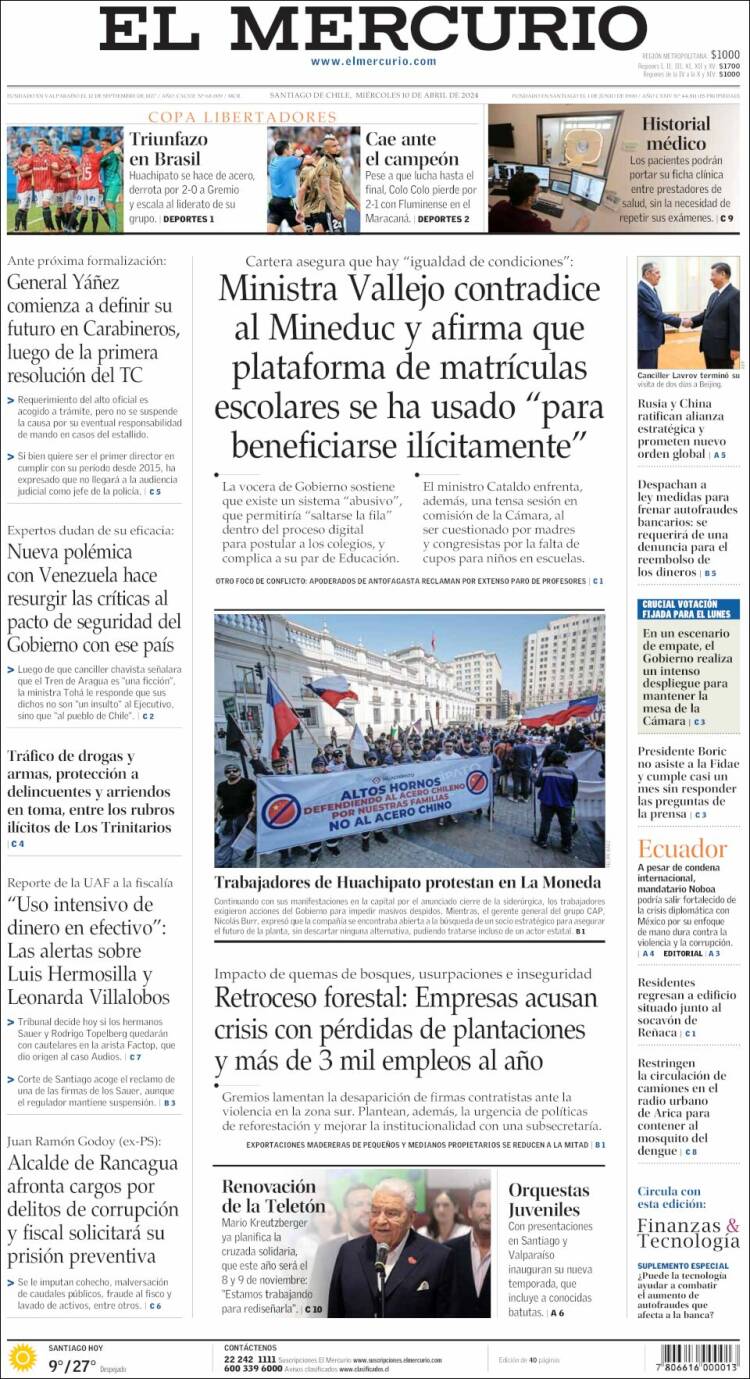 Portada de El Mercurio (Chile)