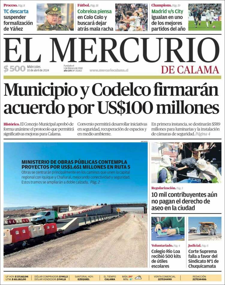 Portada de El Mercurio - Calama (Chile)