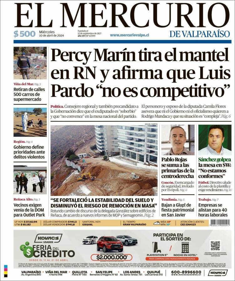 Portada de Mercurio de Valparaiso (Chile)