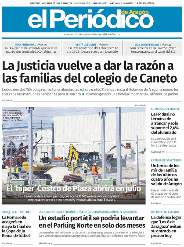 Portada de El Periódico de Aragón (España)