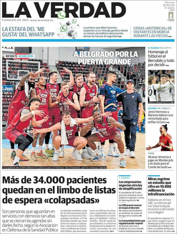 Portada de La Verdad de Murcia (España)