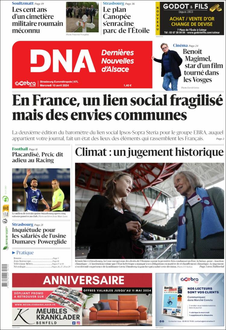Portada de Les Dernières Nouvelles d'Alsace (Francia)