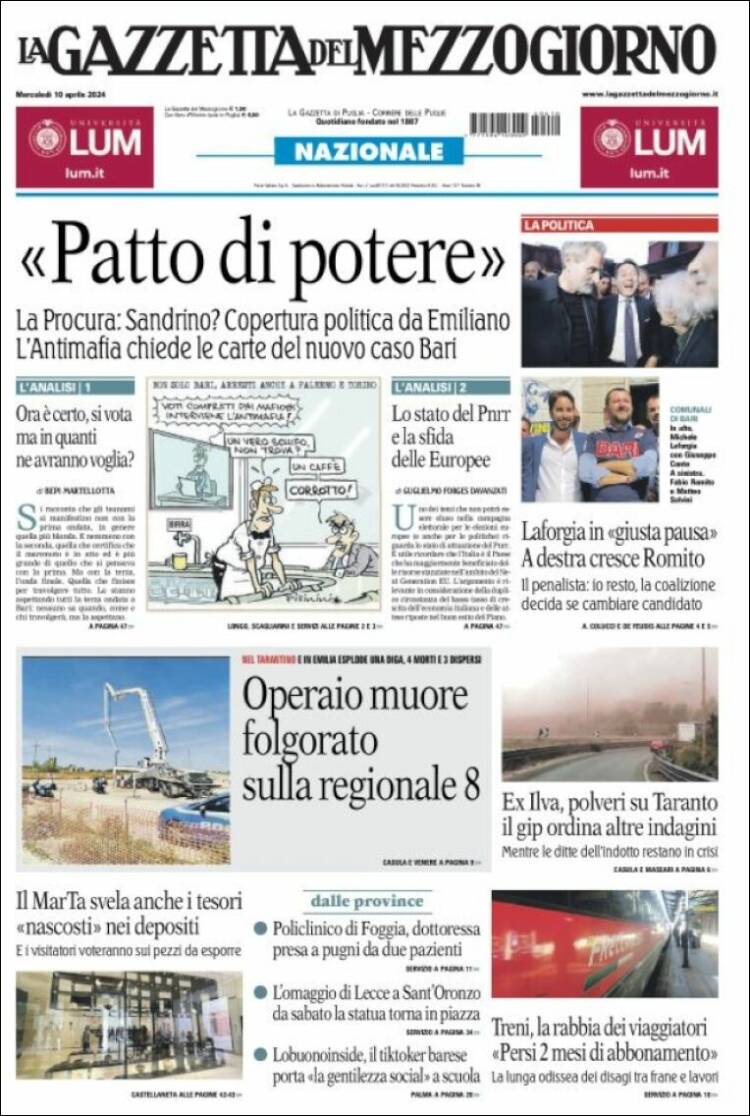 Portada de La Gazzetta del Mezzogiorno (Italia)
