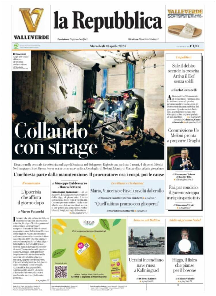 Portada de La Repubblica (Italia)