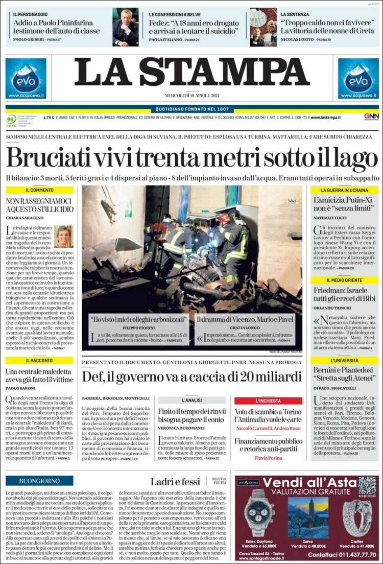 Portada de La Stampa (Italia)