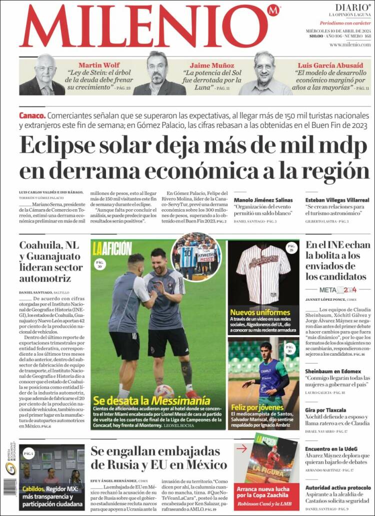 Portada de Milenio - Laguna (México)