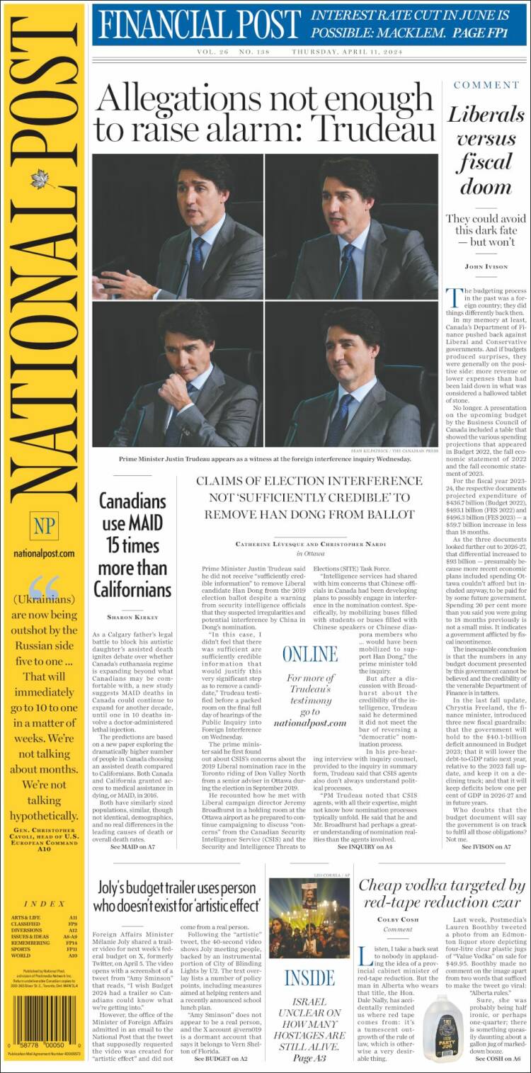 Portada de The National Post (Canadá)