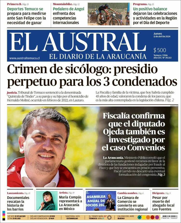 Portada de El Austral de Temuco (Chile)