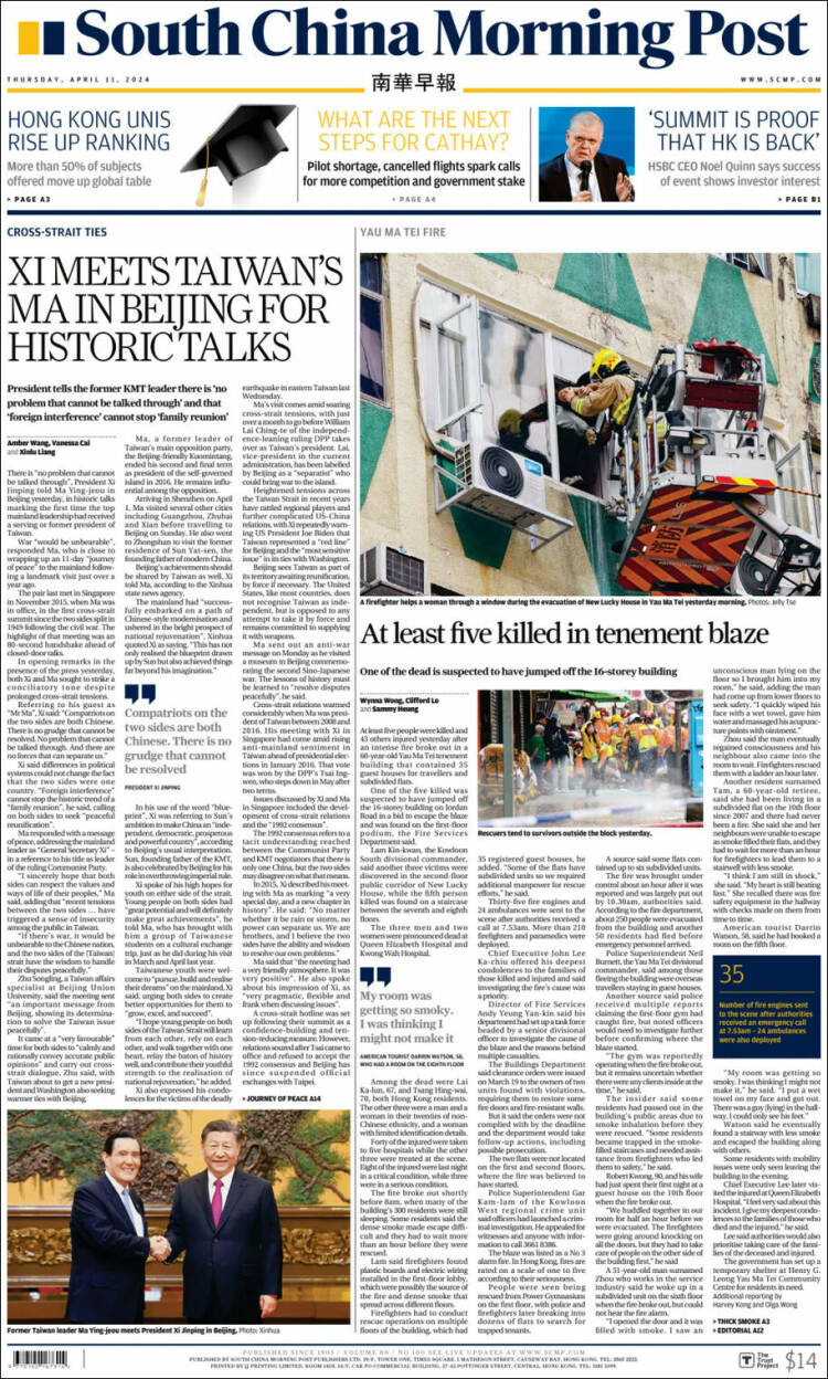 Portada de South China Morning Post (China)