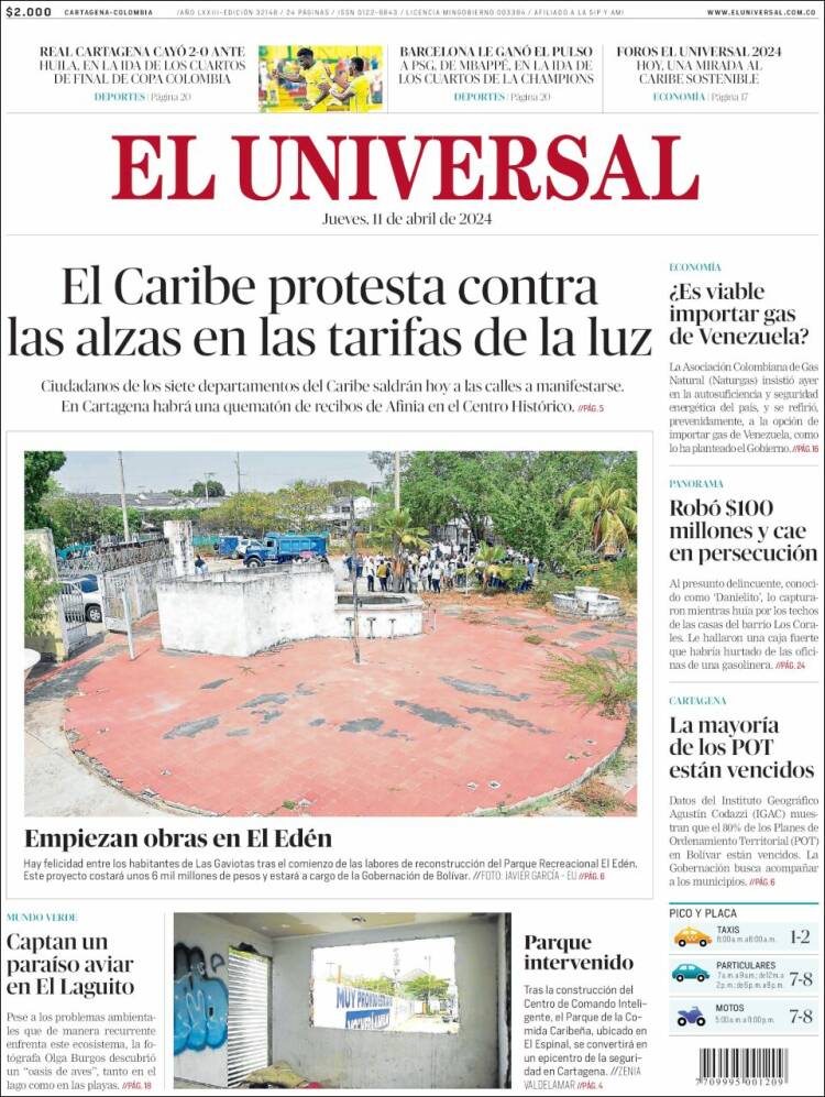 Portada de El Universal (Colombia)