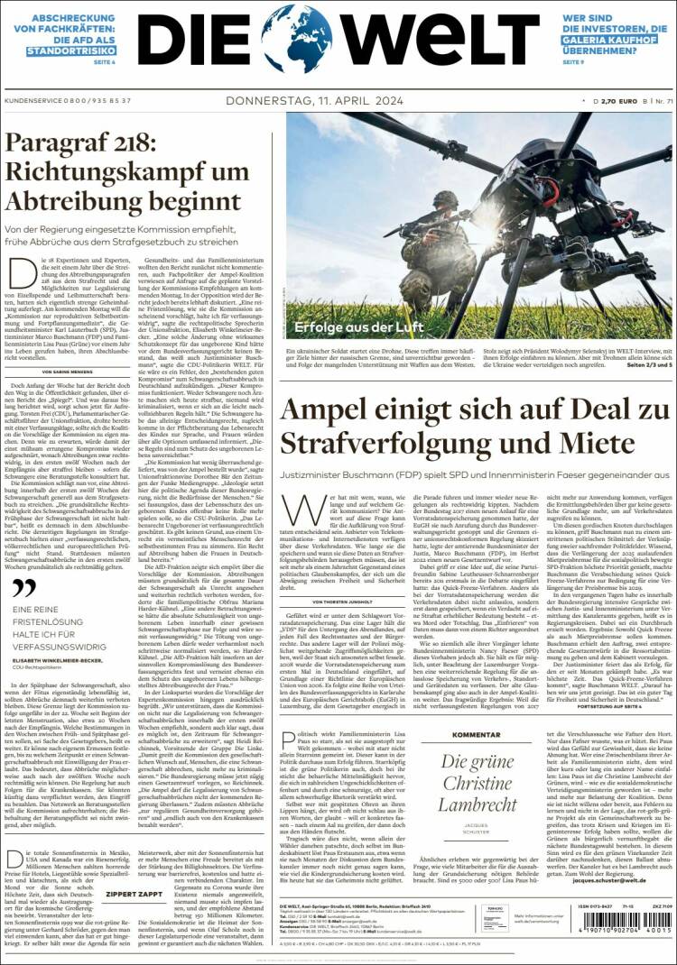 Portada de Die Welt (Alemania)