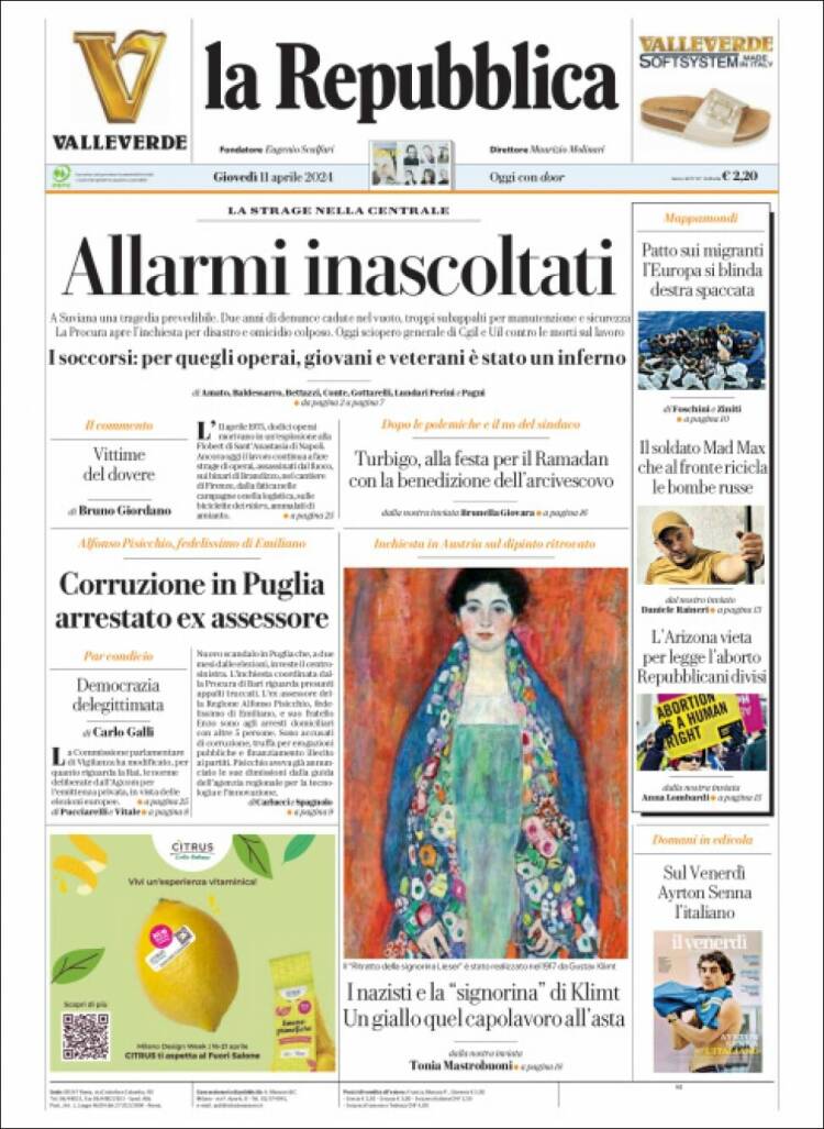 Portada de La Repubblica (Italia)