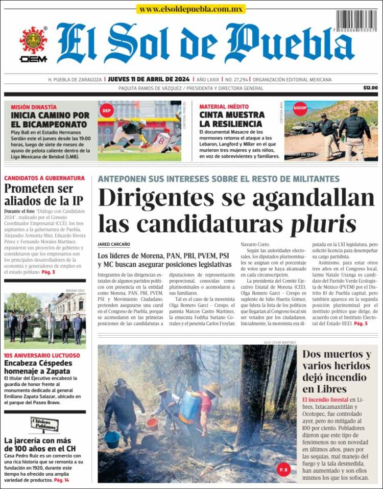 Portada de El Sol de Puebla (M&eacute;xico)