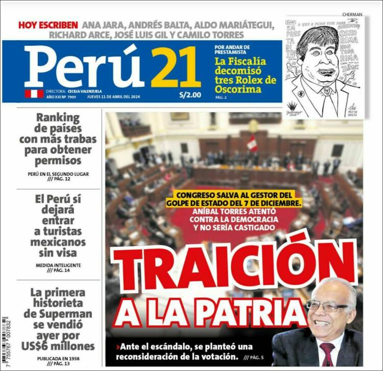 Portada de Perú 21 (Perú)