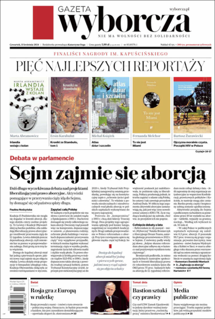 Portada de Gazeta Wyborcza (Polonia)