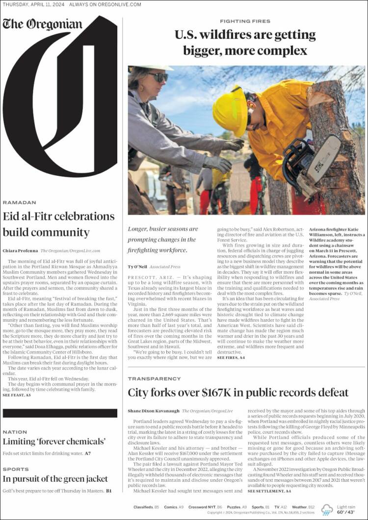 Portada de The Oregonian (USA)