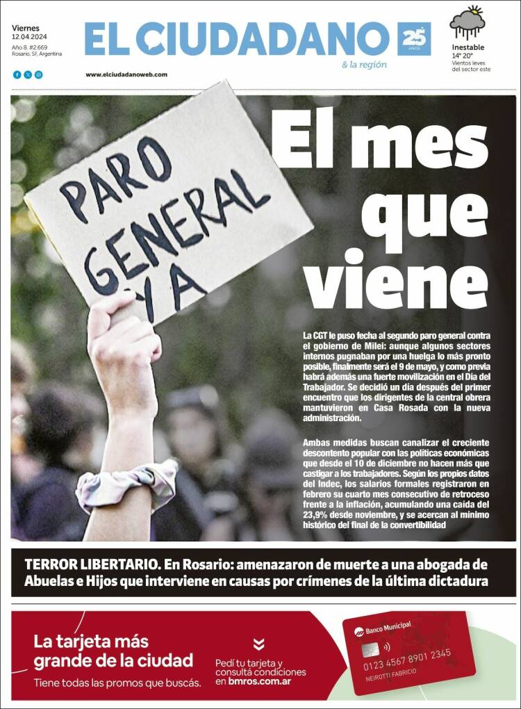 Portada de Diario El Ciudadano (Argentina)