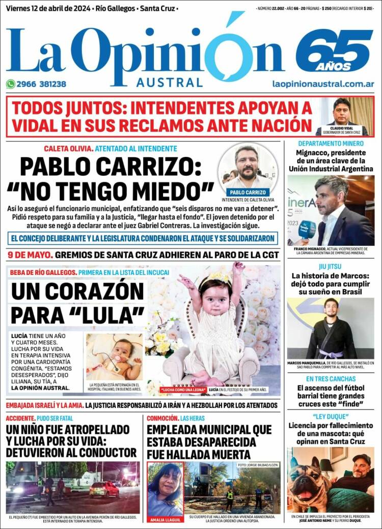 Portada de La Opinión Austral (Argentina)