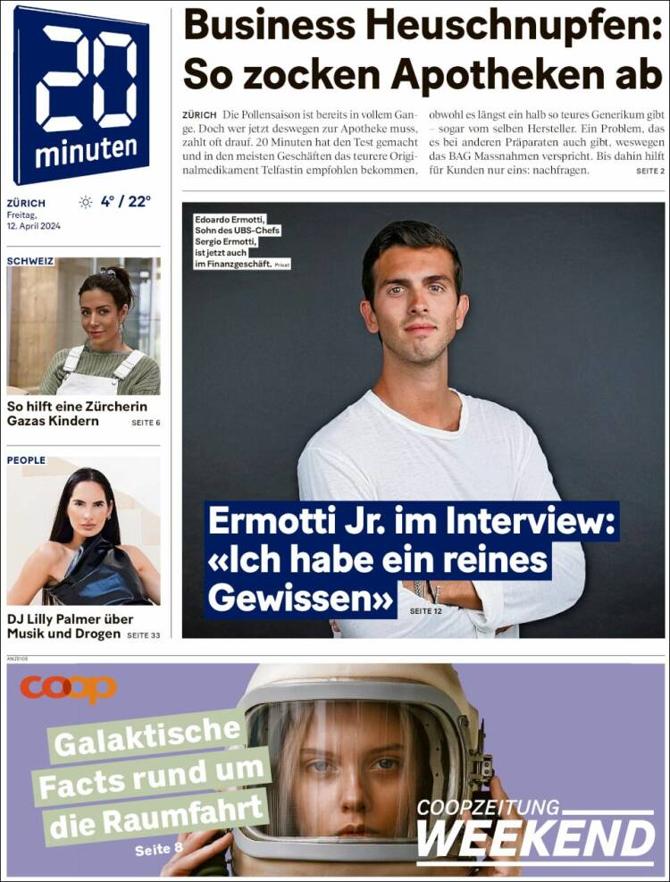 Portada de 20Minuten - Zürich (Suiza)