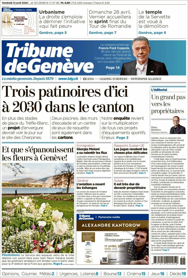 Portada de La Tribune de Genève (Suiza)