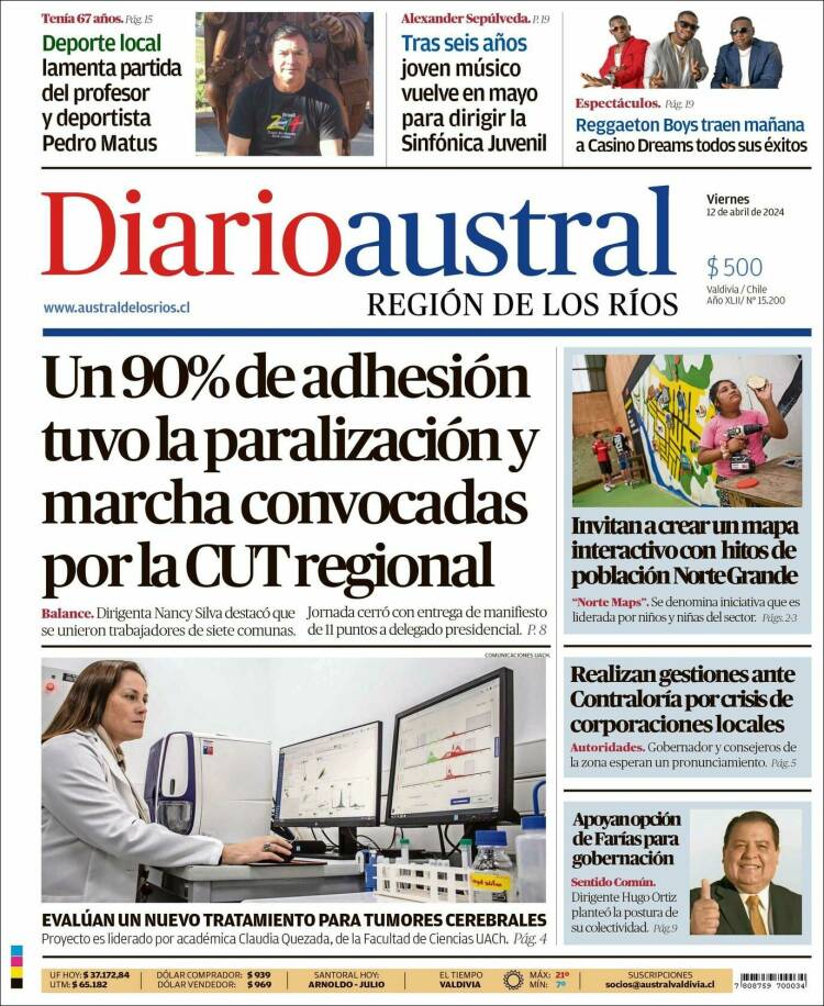 Portada de El Diario Austral de Valdivia (Chile)