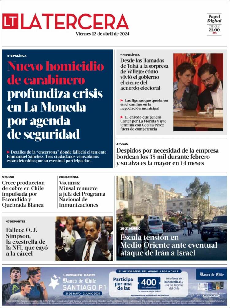 Portada de La Tercera (Chile)