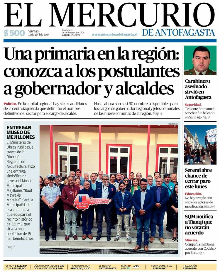 Portada de El Mercurio de Antofagasta (Chile)