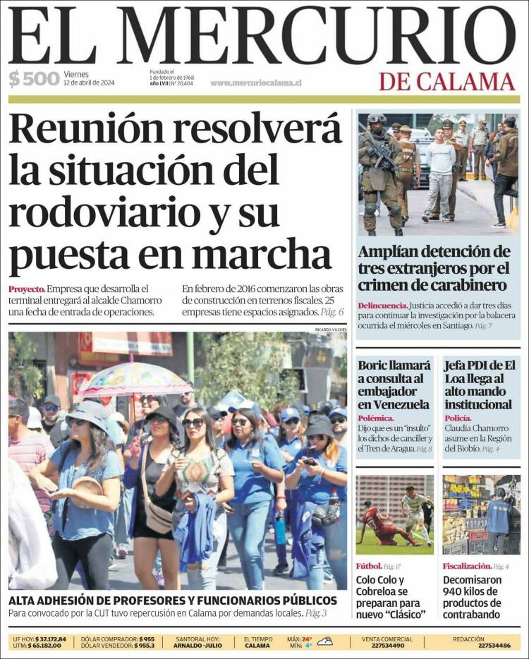 Portada de El Mercurio - Calama (Chile)