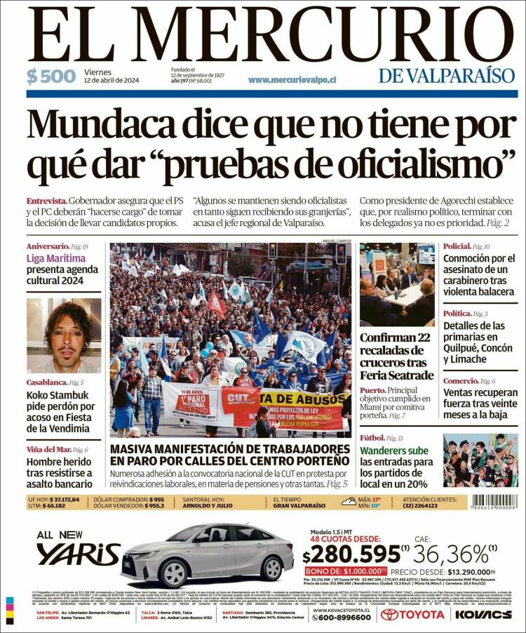 Portada de Mercurio de Valparaiso (Chile)