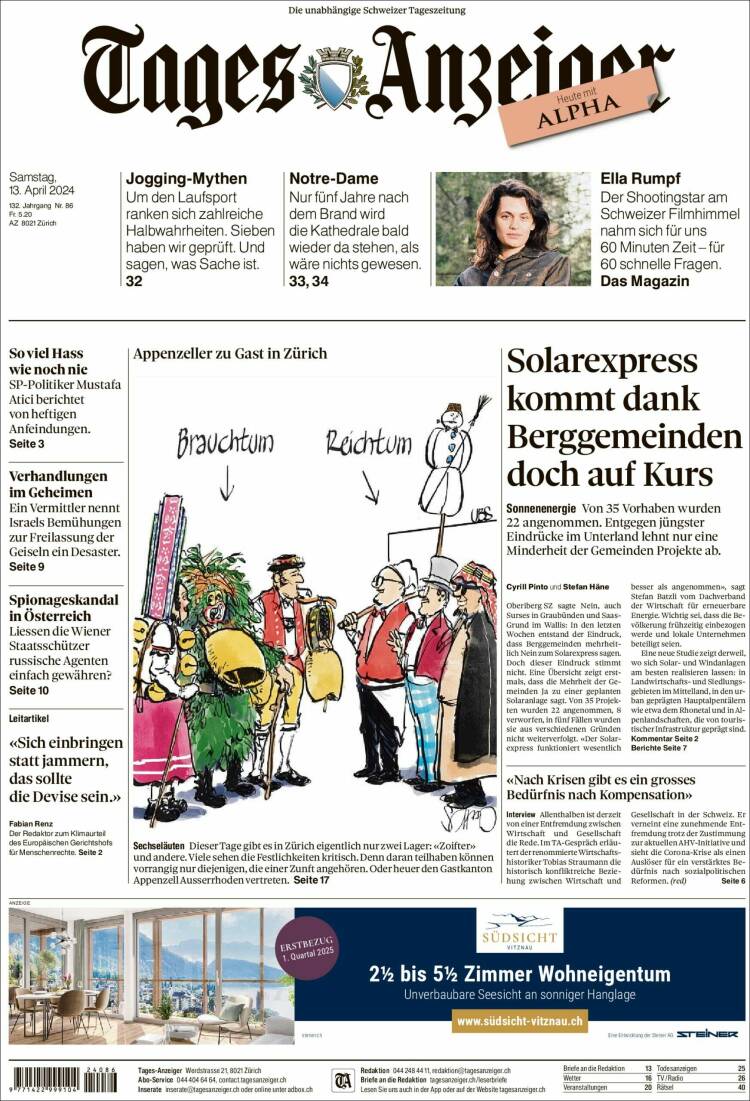 Portada de Tages-Anzeiger (Suiza)