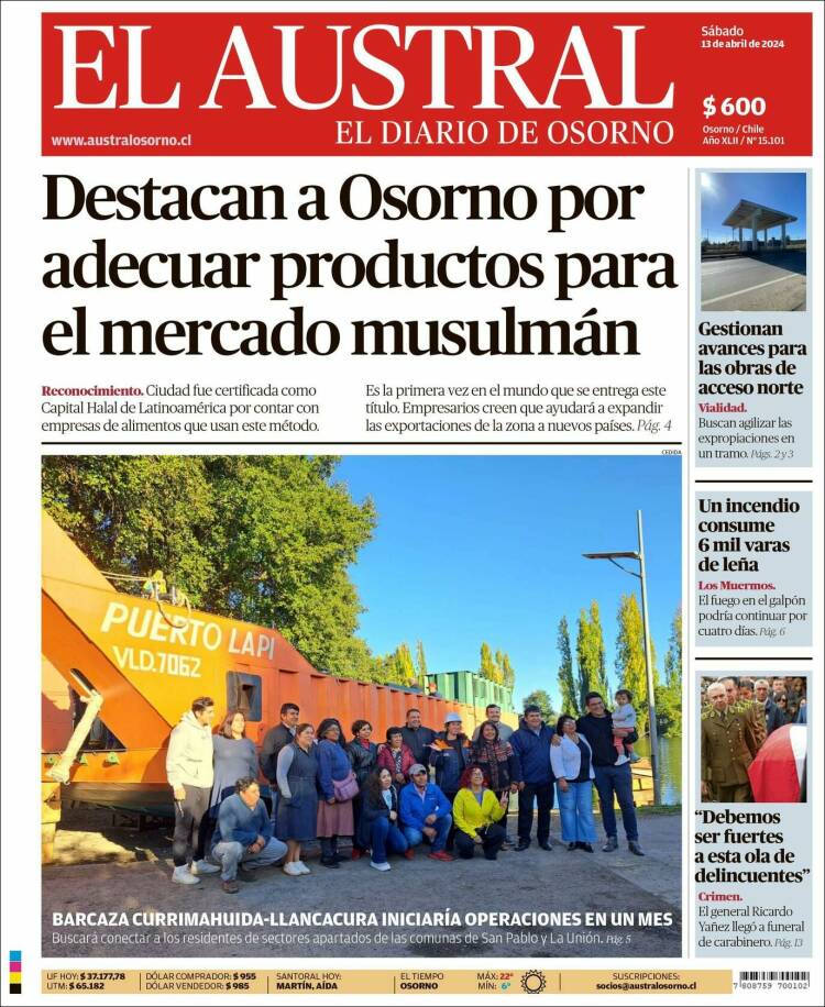 Portada de El Austral de Osorno (Chile)