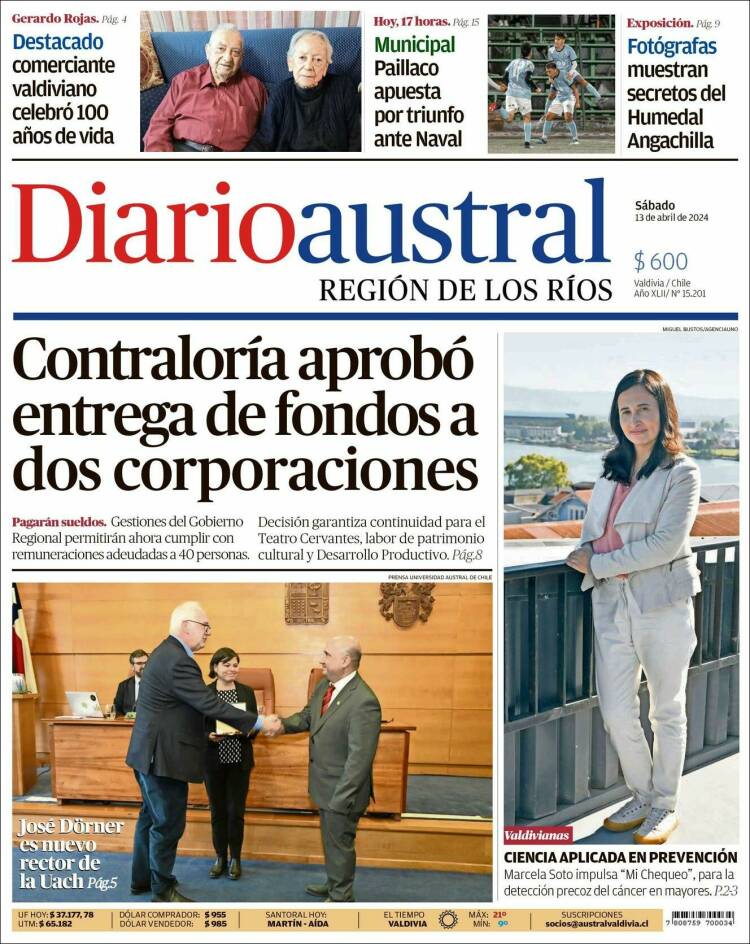 Portada de El Diario Austral de Valdivia (Chile)