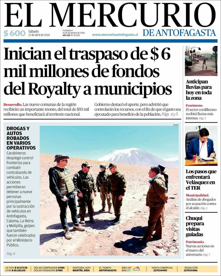 Portada de El Mercurio de Antofagasta (Chile)