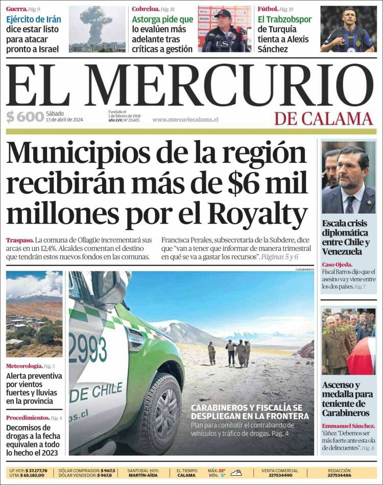 Portada de El Mercurio - Calama (Chile)