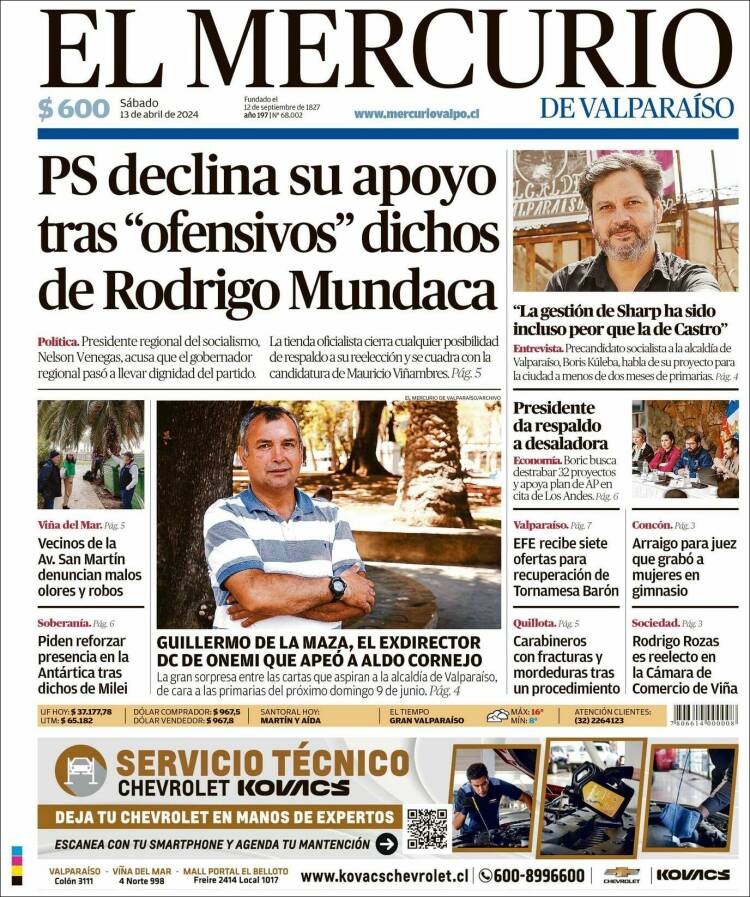 Portada de Mercurio de Valparaiso (Chile)