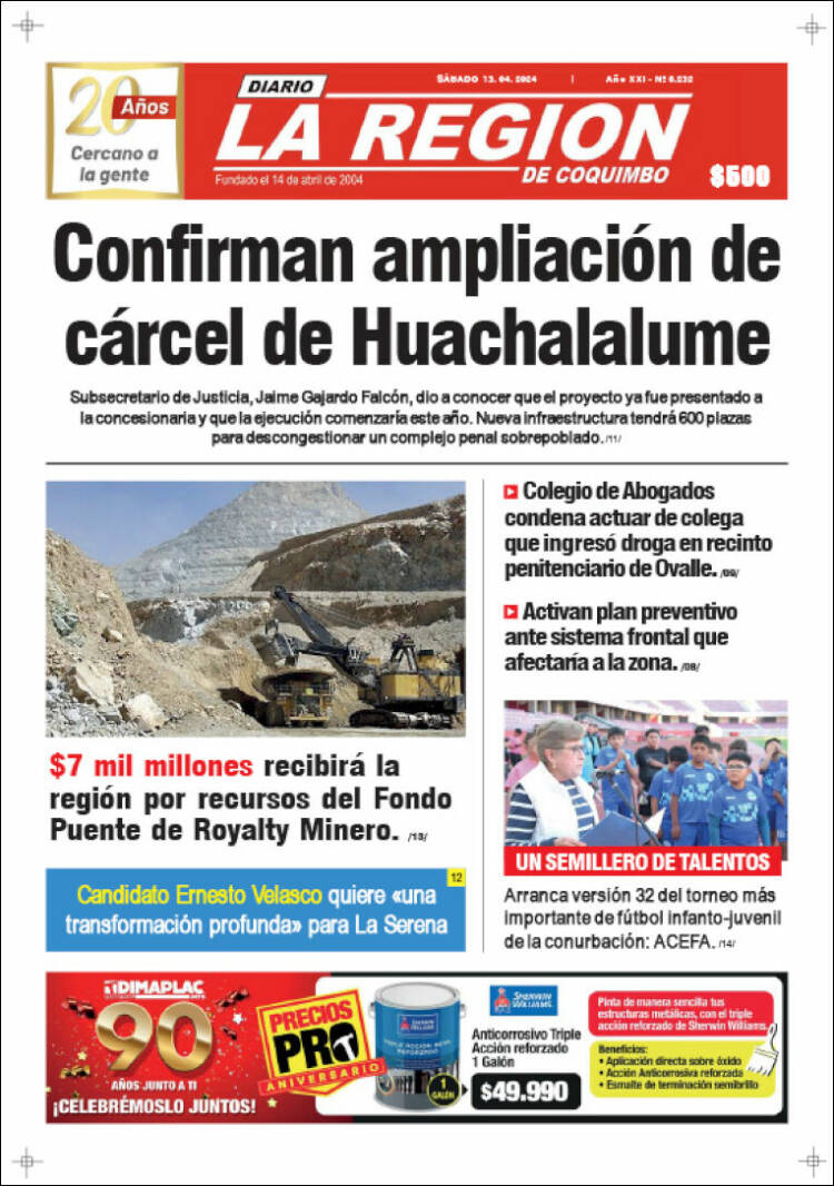 Portada de Diario La Región de Coquimbo (Chile)