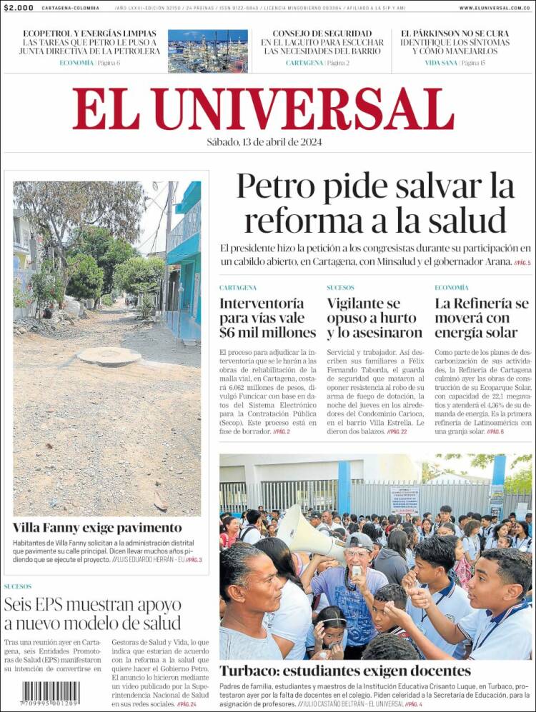 Portada de El Universal (Colombia)